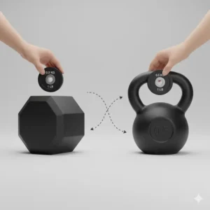 Illustration showing how these dumbbell add on weights can be used on both hex dumbbells and kettlebells.