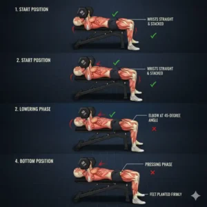 Instructional diagram of the correct bench press form using 90 lbs dumbbells.