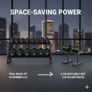 Illustration showing how 90 lb adjustable dumbbells replace a full rack of traditional weights.