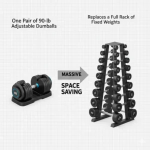 Infographic showing how one set of 90 pound adjustable dumbbells replaces a full rack of weights.