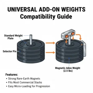 An instructional guide showing how magnetic add on weights fit onto standard gym machine weight stacks.