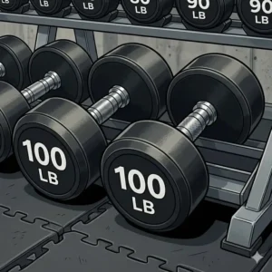Close-up of the 100 pound dumbbells showing the weight marking and knurled steel handle.