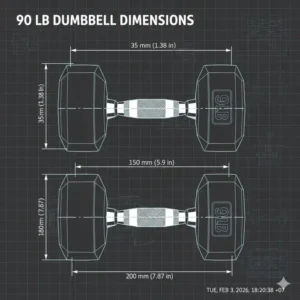 Technical drawing showing the exact dimensions and grip diameter of a 90 lb dumbbell.
