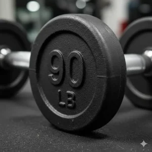 Detailed view of the embossed weight numbers on the side of a black 90 lb dumbbell pair.