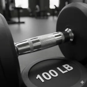 The ergonomic knurled chrome handles of the professional dumbbell set with rack 5 100.