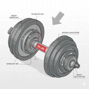Technical diagram of the secure internal locking mechanism of 90 pound adjustable dumbbells.