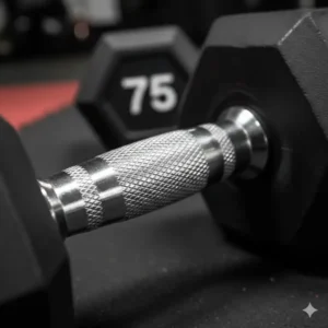 Detailed shot of the chrome-plated contoured handle on a 5-100 lb dumbbell set for secure grip.