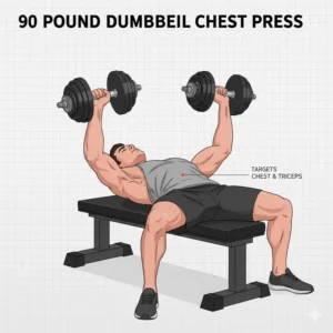 An athlete performing a heavy dumbbell chest press using 90 pound adjustable dumbbells.