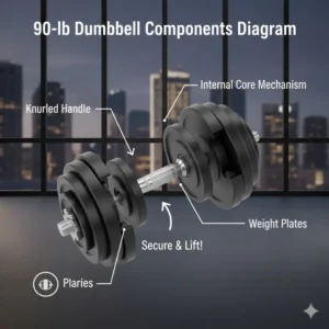 An exploded view showing all the internal components of 90 lb adjustable dumbbells.