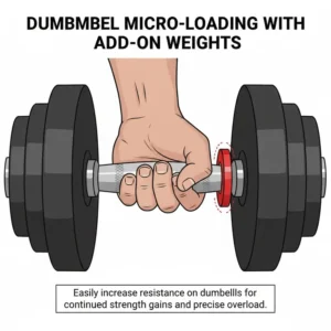 Detailed illustration of a circular add on weights being attached to the handle of a fixed-weight dumbbell.