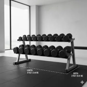 Infographic showing the floor space and size of the dumbbell set with rack 5 100.