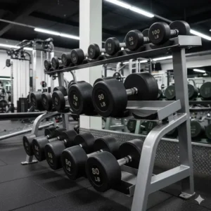 A heavy-duty weight rack organized with a pair of 90 lb dumbbell in a commercial gym.
