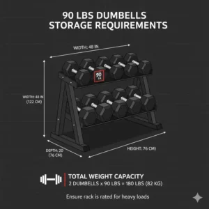 Dimensions and requirements for a rack to hold heavy 90 lbs dumbbells.
