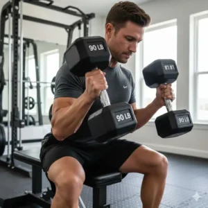 A fitness enthusiast performing a heavy chest workout with a 90 lb dumbbell pair on a bench.