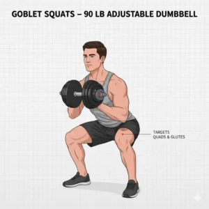 Illustration of a person doing goblet squats with 90 pound adjustable dumbbells for leg strength.