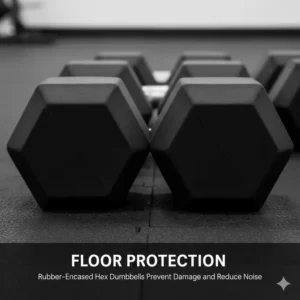 Protective rubber coating on the hex heads of the dumbbell set with rack 5 100.
