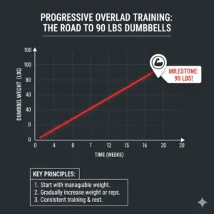 Progress chart showing the training journey to reach a 90 lbs dumbbells milestone.