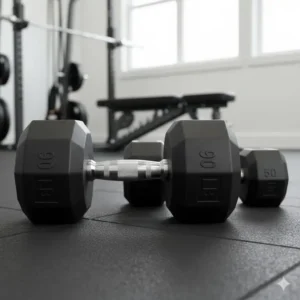 Side-by-side comparison of a standard weight set next to a massive 90 lb dumbbell pair.