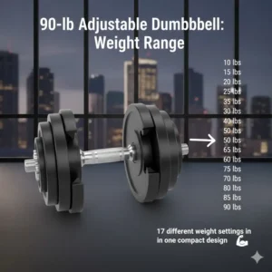 Infographic displaying the various weight increments available on 90 lb adjustable dumbbells.