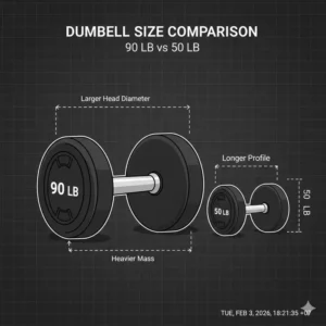 Comparison chart showing the scale and mass of a 90 lb dumbbell versus lighter weights.