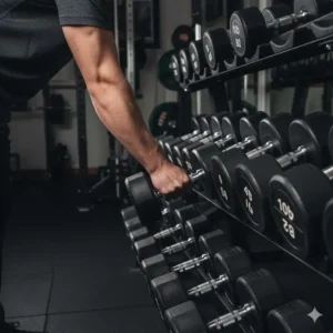 A lifter reaching for a pair of weights from a 5-100 pound dumbbell set during a strength training session.