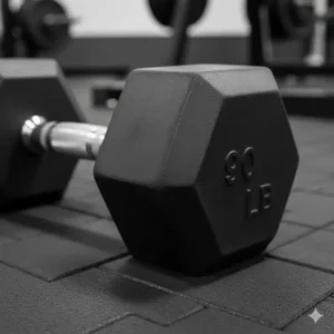 The durable rubber hex head design of a 90 lb dumbbell pair to prevent floor damage.