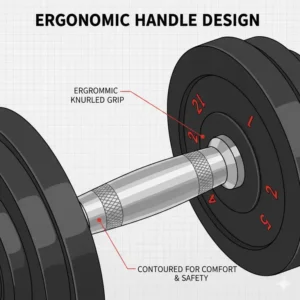 Detailed view of the knurled ergonomic handle on professional 90 pound adjustable dumbbells.