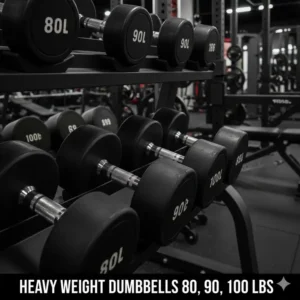 Focus on the 80 to 100 lbs heavy weight section of the dumbbell set with rack 5 100.