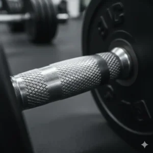Detailed view of the chrome knurled grip handle of the 90 lb adjustable dumbbells.