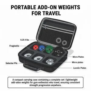 A compact carrying case containing a set of lightweight add on weights for fitness enthusiasts who travel.