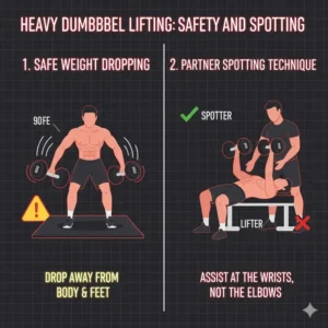 Safety guidelines for spotting and dropping 90 lbs dumbbells correctly.