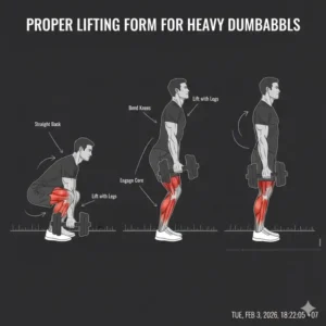 Safety guide illustration demonstrating the correct posture for lifting a 90 lb dumbbell.