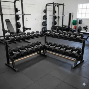 Wide shot showing the floor space required for a 5-100 lb dumbbell set and rack in a garage gym setting.