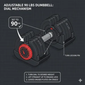 Close-up of the dial system on an adjustable version of 90 lbs dumbbells.