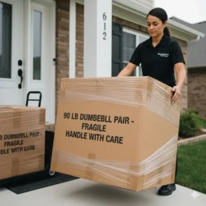 Heavy-duty cardboard packaging and shipping box containing a new 90 lb dumbbell pair.