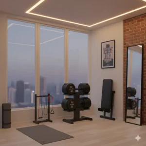 A compact home gym corner featuring a pair of 90 lb adjustable dumbbells on a dedicated stand.