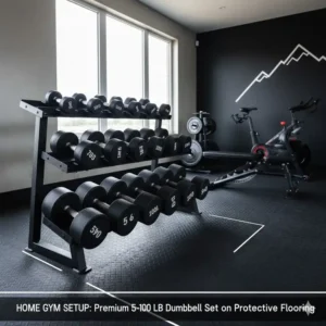 A premium home gym environment featuring a full dumbbell set with rack 5 100.
