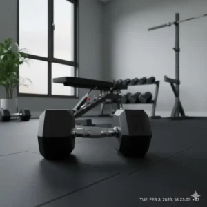 Modern home gym interior featuring a professional 90 lb dumbbell on rubber matting.
