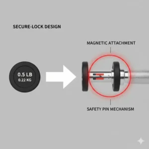 Technical graphic highlighting the secure locking and safety features of the dumbbell add on weights.