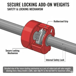 A detailed view of the secure locking mechanism on a pair of rubberized add on weights for maximum safety.