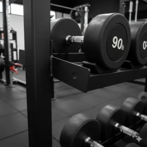 Reinforcement detail of the steel rack rails holding the weight of a full 5-100 pound dumbbell set.