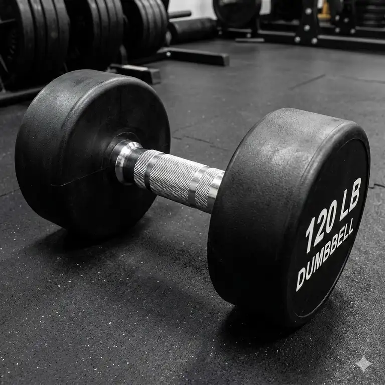 A professional gym setting featuring a heavy-duty 120 pound dumbbell on a rubber floor.