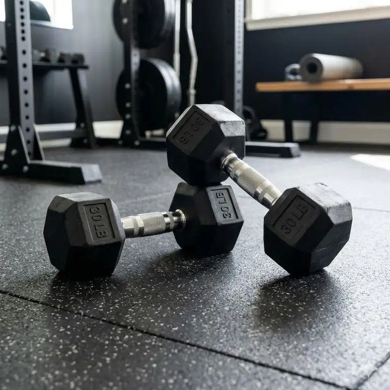 A complete 60 lb dumbbell set featuring two thirty-pound hex weights on a protective gym floor.