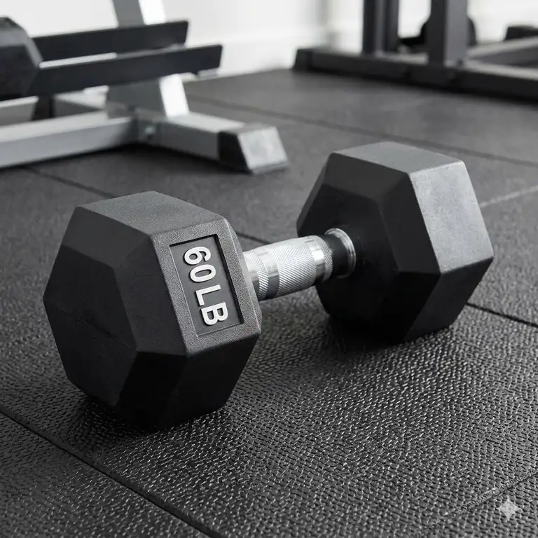 A high-quality rubber hex 60lb dumbbell on a gym floor.
