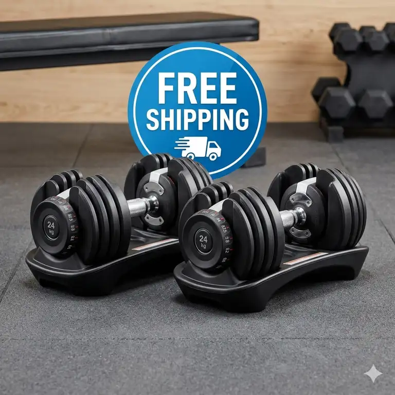Premium adjustable dumbbells on a gym floor with a dumbbells free shipping offer.