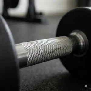 Detailed texture of the knurling on a chrome straight handle dumbbell grip.