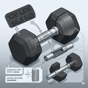 Detailed illustration of the knurled handle and rubber hex head of dumbbells 120 lbs.