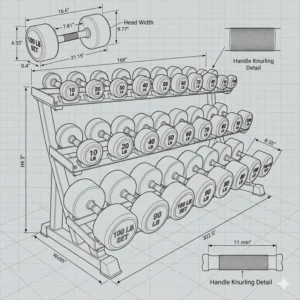Detailed technical drawing showing the specific dimensions of each weight in a 100 lb dumbbell set.