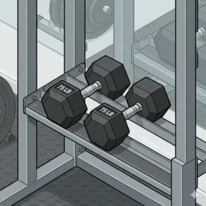 Two heavy-duty 75 lb dumbbells stored neatly on a steel weight rack.
