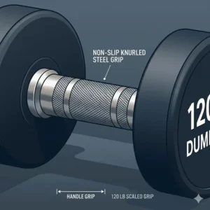 Close-up detail of the non-slip knurled steel handle on a 120 pound dumbbell.